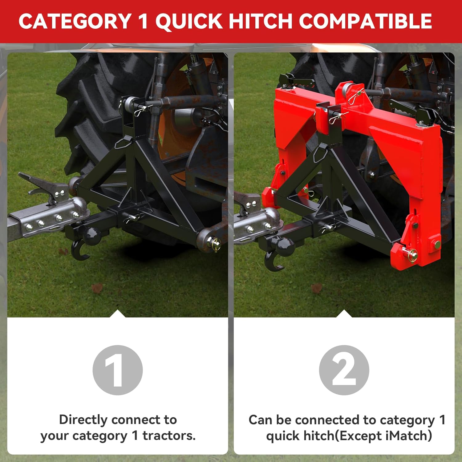 3 Point 2 Trailer Hitch Receiver Compatible with Quick Hitch for Category 1 Tractors, Heavy Duty Tractor Mover Drawbar, Farm Equipment and Subcompact Trailer Hitch for Tractor Standard Cat 1(Black)